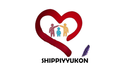 Logotipo Organización No Gubernamental Los Shippiyyukon — corazón rojo con tres figuras de niñez y pluma ancestral morada